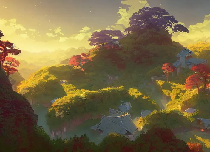 Image similar to concept art painting of a small woodland village in a valley seen from above, european japanese buildings, early morning, cel shaded, detailed, realistic, by makoto shinkai and moebius and anton fadeev and james gurney