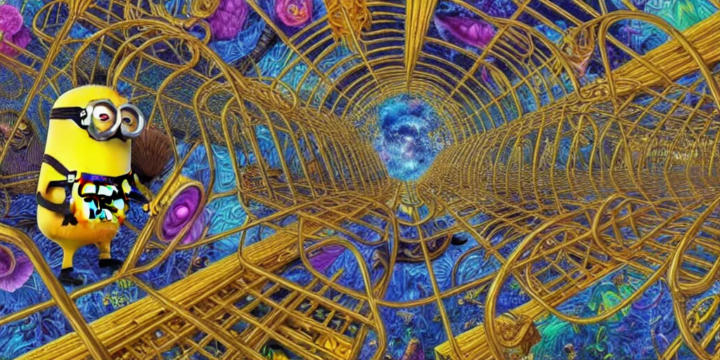 Prompt: visionary art, cages holding prisoner minions from despicable me trapped in cages behind bars, rich geometry, precise and incredibly highly detailed intricate 8 k wallpaper, john stephens, lisa frank, intricate stunning award winning masterpiece trending on artstation