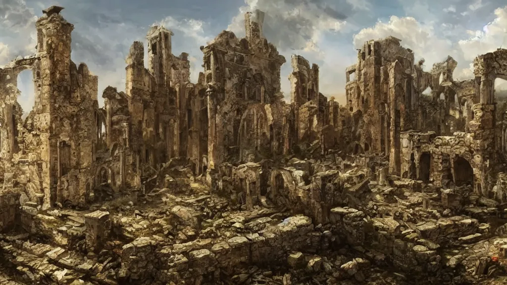 Prompt: High-Quality realist painting of the ruins of a medieval city after a war, ominous, very detailed, digital art.