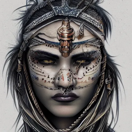 Image similar to a detailed portrait of desert warrior with face tattoos, fantasy art illustration, incredibly highly detailed and realistic, 8 k, sharp focus