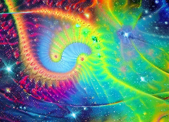 Image similar to fractal rainbow rivers, galactic nebula, highly detailed surrealist art