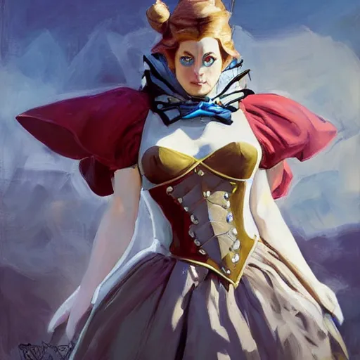 Image similar to greg manchess portrait painting of partially armored alice from alice in wonderland as overwatch character, medium shot, asymmetrical, profile picture, organic painting, sunny day, matte painting, bold shapes, hard edges, street art, trending on artstation, by huang guangjian, gil elvgren, ruan jia, randy vargas, greg rutkowski