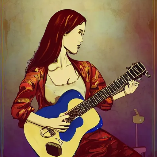 Image similar to beautiful women playing guitar, tv in the background, weta studios, art poster, in the style of james jean