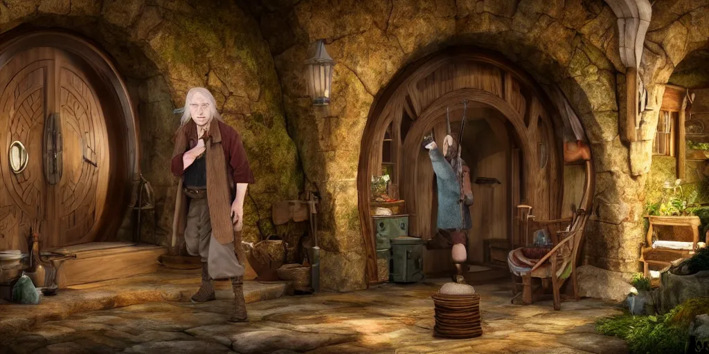 Image similar to a hobbit in his home at the shire with gandalf casting spells fantasy hi quality 4 k render,