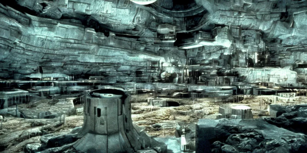 Image similar to sci - fi corporate headquarter building near a mining cave on a desolate mining planet, dark and beige atmosphere, 1 9 8 0 s science fiction film screenshot, film still, dark science fiction, ridley scott,