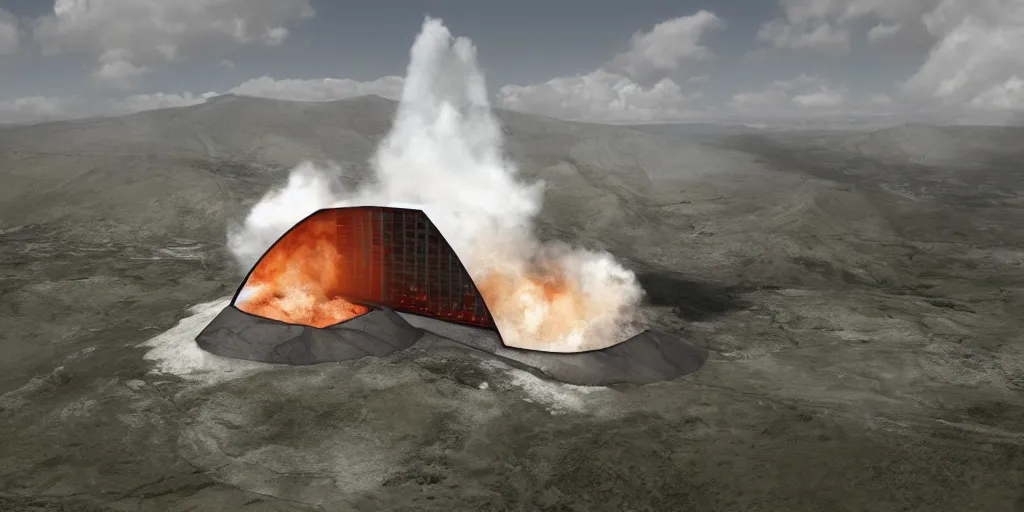 Image similar to Highly realistic arch-viz render for an ultra-modern Bond villain lair with rockets and laser turrets built into an active volcano