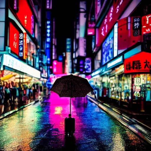 Image similar to moody 2 0 0 mm shot of an umbrella in a rainy tokyo night, neon lights,