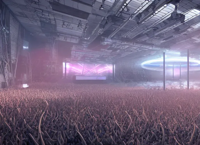 Image similar to ultra realistic, mainstage of harder styles music festival in 2 0 5 0, futuristic, brutalism, octane render, sharp focus cinematic lighting, dramatic perspective, highly detailed, 4 k, 8 k