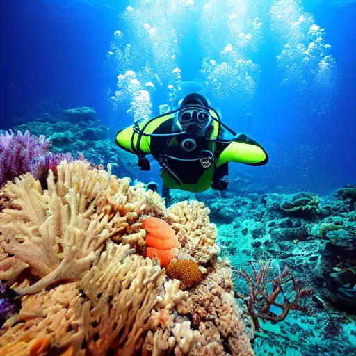 Prompt: a diver in a coral reef