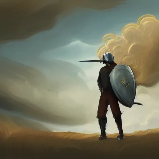 Image similar to man with sword and shield, wavy, gouache, abstract, smoke plume, digital illustration, clouds, helmet, sepia tone, golden hour, windy, shaded face, concept art, big brush