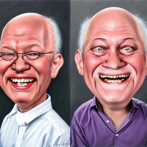 Prompt: Caricature portraits done of Hide the Pain Harold, realistic, hyperrealistic, very realistic, highly detailed, very detailed, extremely detailed, detailed, oil painting, digital art, trending on artstation