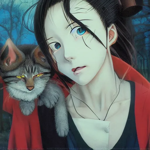 Image similar to a professionally painted realistic anime portrait by yuji ikehata and satoshi kon, of a lonely vampire woman learning how to live in an old homely cottage by herself in the middle of the woods with only an old scruffy cat as a friend, old vintage vhs, scan lines, grainy quality, real anime, realistic, peaceful, lighthearted