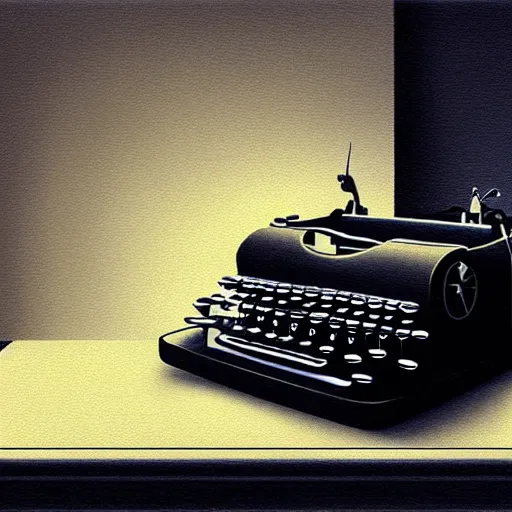 Image similar to painting of a typewriter on a desk in a dimly lit room, volumetric lighting, style of greg rutkowski