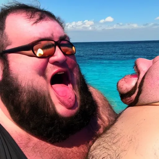 Image similar to a leaked photo of a screaming, hairy, fat man that is wearing a swimsuit and kissing the worlds largest toad