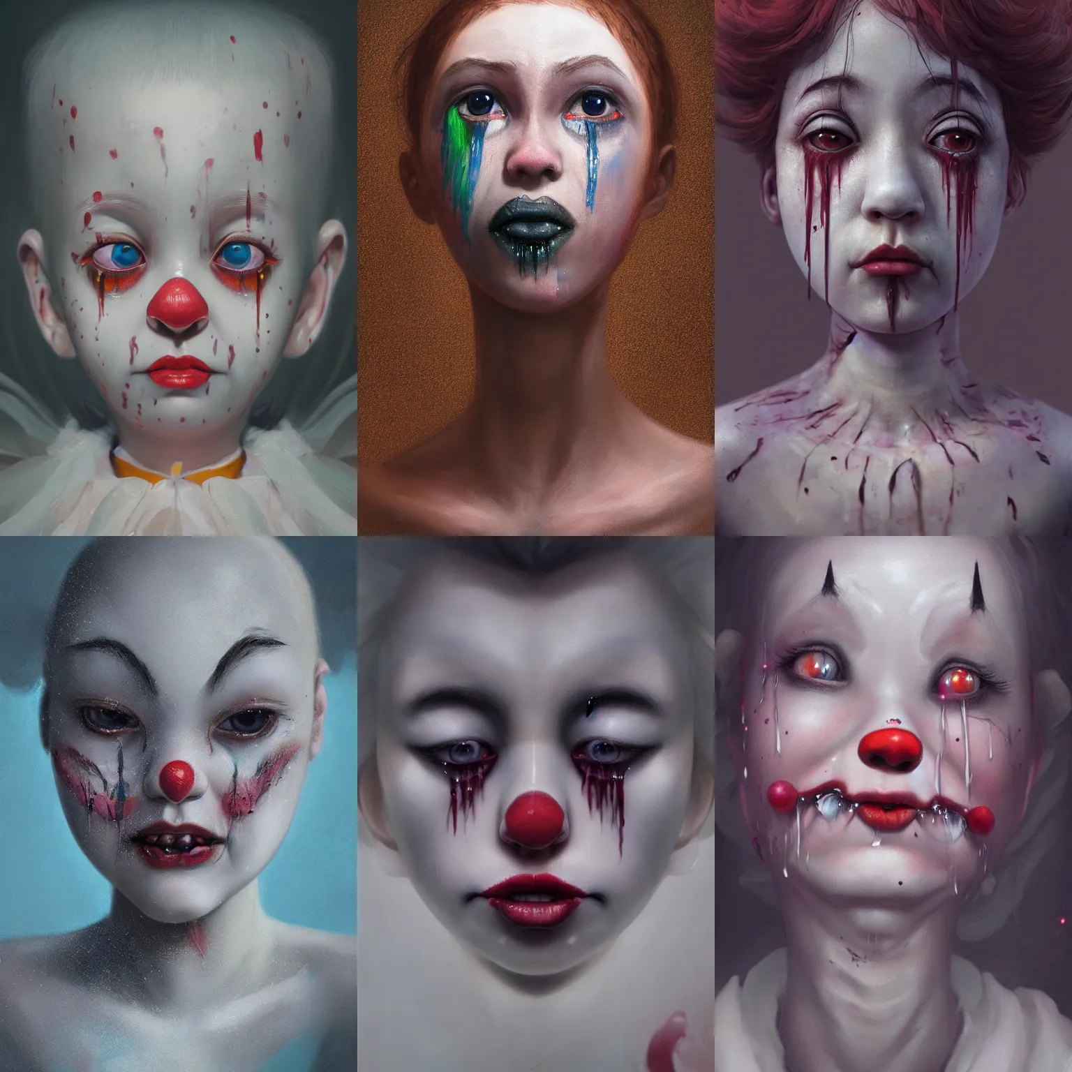 Prompt: breathtaking detailed painting of clown girl tears from eyes , with anxious, piercing eyes, art by Hsiao-Ron Cheng, Ja Miyazaki, extremely moody lighting, hyperrealistic, octane render, ambient light, dynamic lighting