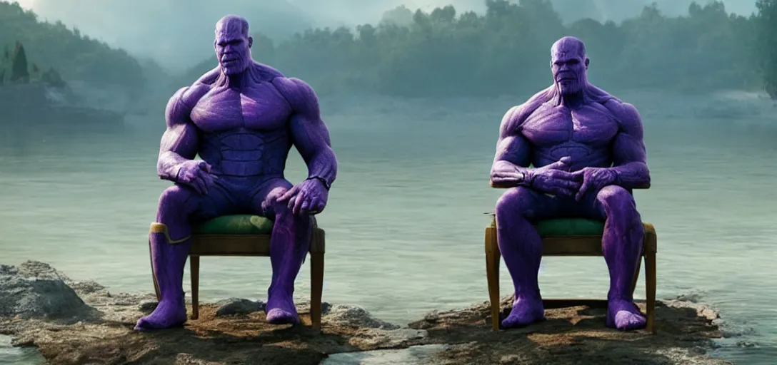 Image similar to a very high resolution image from a new movie. thanos sitting on chair in a lake, photorealistic, photography, directed by wes anderson