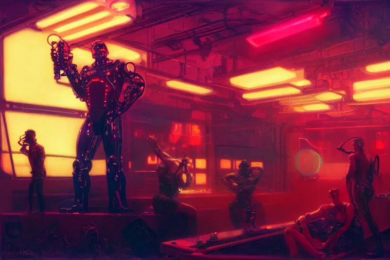 Image similar to synthwave, robotic arm, neon lights, cool tint, painting by gaston bussiere, craig mullins, j. c. leyendecker, tom of finland