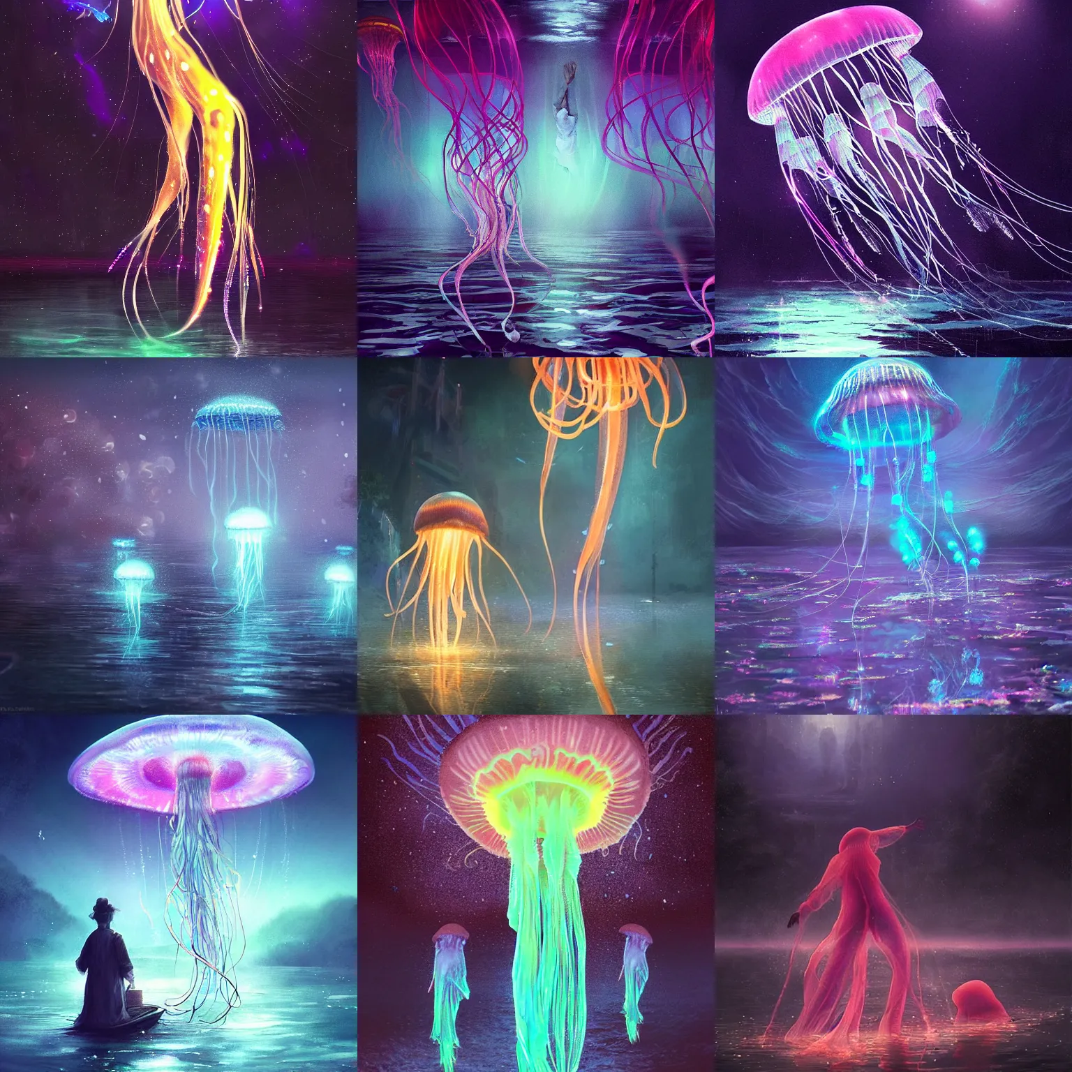 Prompt: glowing jellyfish immigration down a river, evocative, mystical night, detailed, award winning, trending on artstatioon artwork by WLOP,