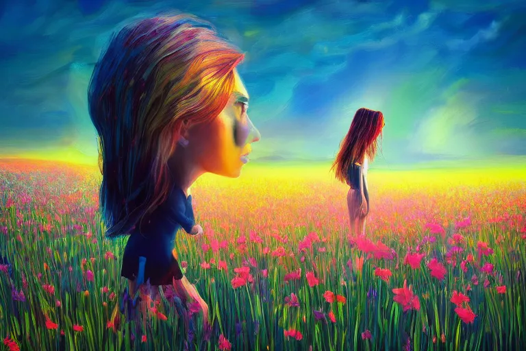 Image similar to giant gladiola head, girl walking in field of flowers, surreal photography, sunrise, blue sky, dramatic light, impressionist painting, digital painting, artstation, simon stalenhag