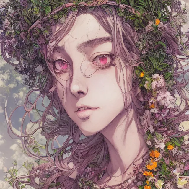 Image similar to the portrait of chaotic good female druid botanist as absurdly beautiful, gorgeous, elegant, young anime girl, an ultrafine hyperdetailed illustration by kim jung gi, irakli nadar, intricate linework, sharp focus, bright colors, octopath traveler, final fantasy, unreal engine 5 highly rendered, global illumination, radiant light, detailed and intricate environment