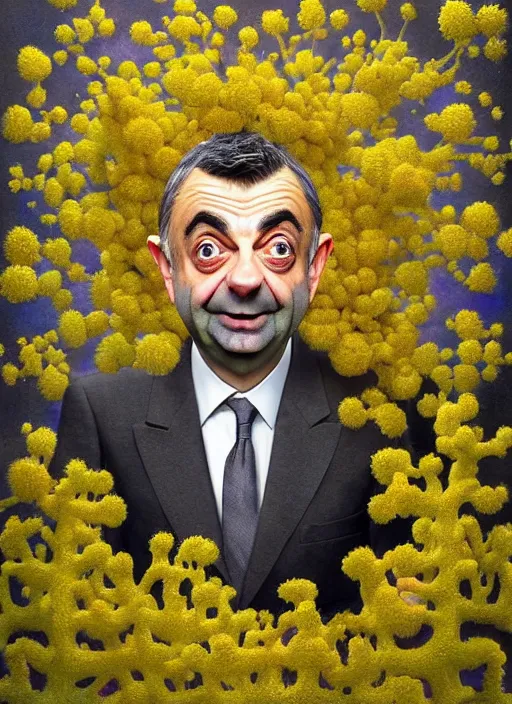 Image similar to hyper detailed 3d render like a Oil painting muted colors - slightly silly portrait of Rowan Atkinson cross eyed as Mr. Bean atop his yellow beetle in Aurora seen tickling of the Strangling network of yellowcake aerochrome and milky Fruit and Her delicate Hands hold of gossamer polyp blossoms bring iridescent fungal flowers whose spores black the foolish stars by Jacek Yerka, Mariusz Lewandowski, Houdini algorithmic generative render, Abstract brush strokes, Masterpiece, Edward Hopper and James Gilleard, Zdzislaw Beksinski, Nicoletta Ceccoli, Wolfgang Lettl, hints of Yayoi Kasuma, octane render, 8k