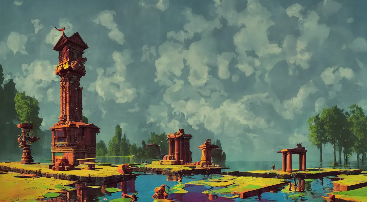 Prompt: flooded colorful surreal lonely single ancient temple, very coherent high contrast!! painting by stalenhag spitzweg magritte syd mead norman rockwell edward hopper james gilleard, dark shadows, sunny day, triadic color scheme, hard lighting, masterpiece