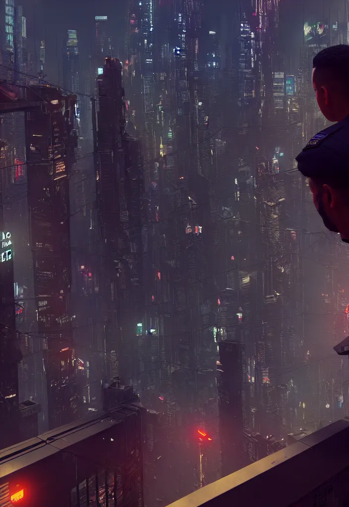 Prompt: a lone police officer overlooking a ledge towards the city below in cyberpunk new york city | highly detailed | very intricate | cinematic lighting | by asher brown durand and eddie mendoza | featured on artstation