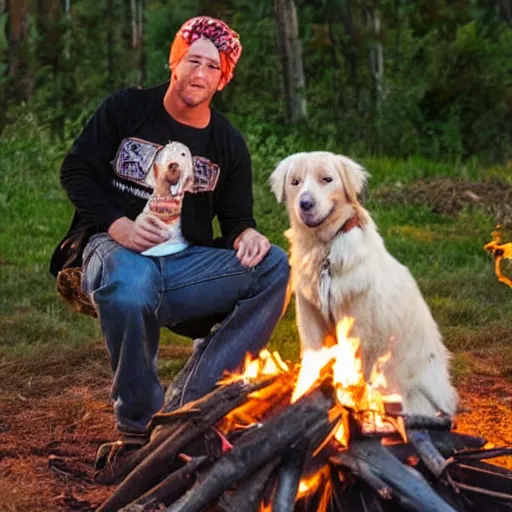 Image similar to photo of hillbilly with long blonde hair and his australian shepherd around a bonfire, symmetric face