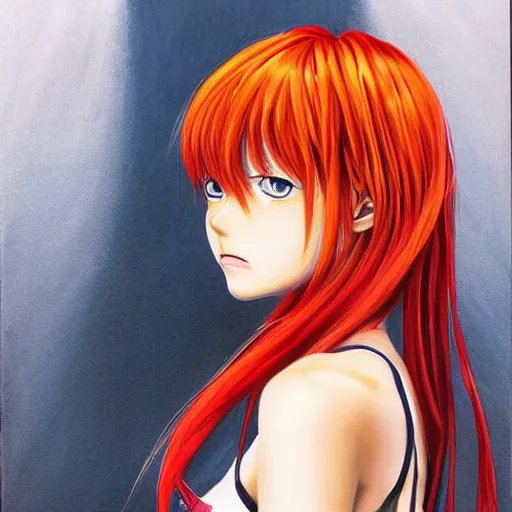 Prompt: Asuka Langley from Evangelion portrait drawn Yusuke Murata and Takeshi Obata, inspired by Death Note 2003 manga,intricate detail, photorealistic style, intricate detailed oil painting, detailed illustration, oil painting, painterly feeling, sharp high detail, medium shot, low angle, oil on canvas