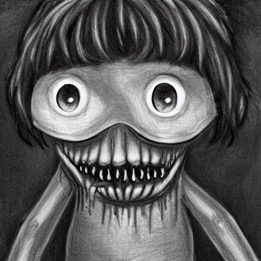 Image similar to a creepy monster, black chalk, professionally illustrated by a kid