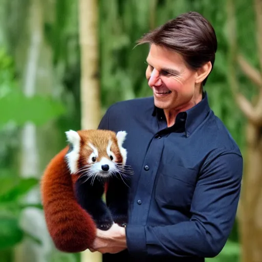 Image similar to tom cruise petting his pet red panda