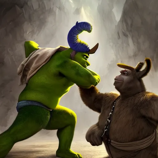 Image similar to shrek fighting an evil donkey, dynamic, action pose, digital painting, WLOP, trending on artstation, 8k, epic composition, highly detailed, sharp focus