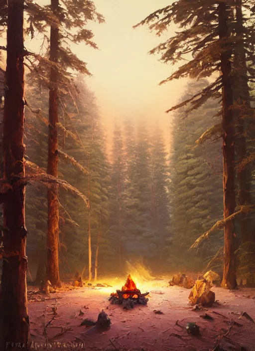 Prompt: surreal trippy coniferous forest taiga blizzard, very small campfire, extremely detailed oil painting, rhads, sargent and leyendecker, savrasov levitan polenov, bruce pennington, studio ghibli, tim hildebrandt, digital art, landscape painting, trending on artstation, masterpiece, golden hour