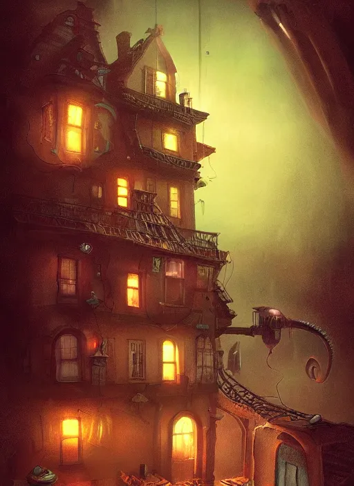 Image similar to glowing squid trying to eat a mansion in burning vapor dramatic lighting, artstation, matte painting, alexander fedosav, alexander jansson