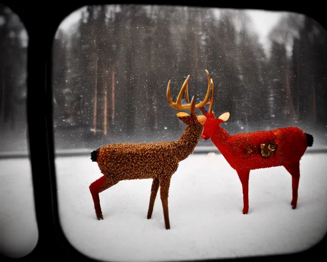 Prompt: a lomography photo of rumble between two humanoid deer in soviet train this morning, bokeh,