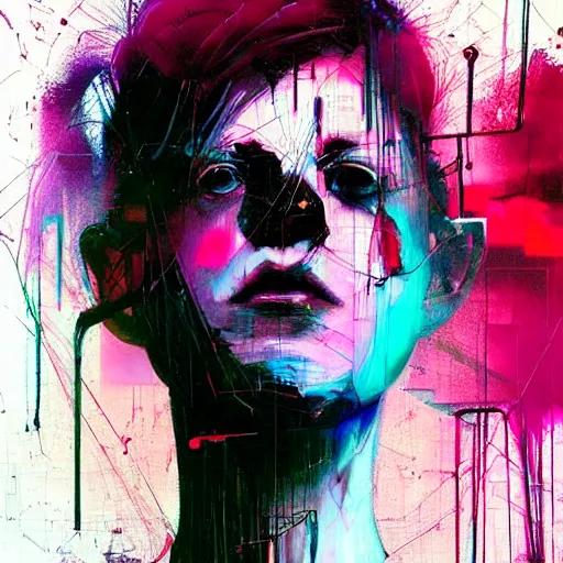 Prompt: i live in vr cyber dreams, glitchcore wires, machines, by jeremy mann, francis bacon and agnes cecile, and dave mckean ink drips, paint smears, digital glitches glitchart