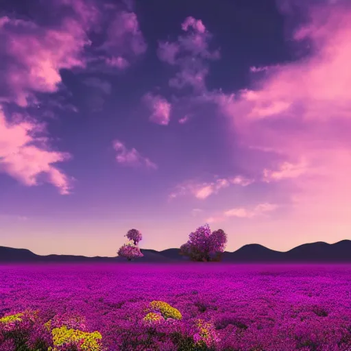 Image similar to Landscape photo of beautiful alien world, with purple skies and large flowers, wallpaper, 8k, award winning photo