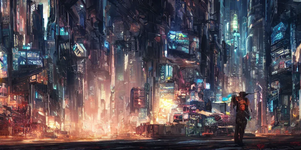 Image similar to Johnny silverhand in his prime, cyberpunk city, concept art, hd, intricate, painterly, explosions in the distance