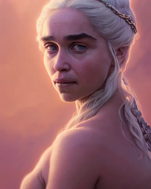 Image similar to highly detailed surreal vfx portrait of daenerys targaryen, stephen bliss, unreal engine, greg rutkowski, loish, rhads, beeple, makoto shinkai and lois van baarle, ilya kuvshinov, rossdraws, tom bagshaw, alphonse mucha, global illumination, detailed and intricate environment