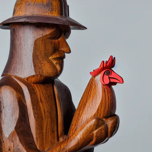 Prompt: wooden sculpture of a man wearing a hard hat holding a rooster, polished maple, thoughtful, elegant, real