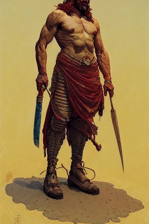 Prompt: warrior, attractive male, character design, painting by jean giraud, greg rutkowski, carl larsson, tom of finland