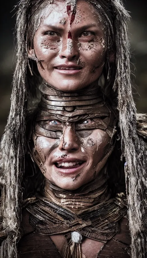 Image similar to sweated smiling ancient princess tribewoman in berserk, partially destroyed armor inspired monster hunter, low shot camera, muscular, symmetrical face, clean face, subtle make up, debris and arrows flies around her, frozen time effect,dramatic lighting, cinematic, establishing shot, extremely high detail, photorealistic, 300 the movie,monster hunter the movie, dune the movie, cinematic lighting, artstation, octane render, western,old photo, vintage