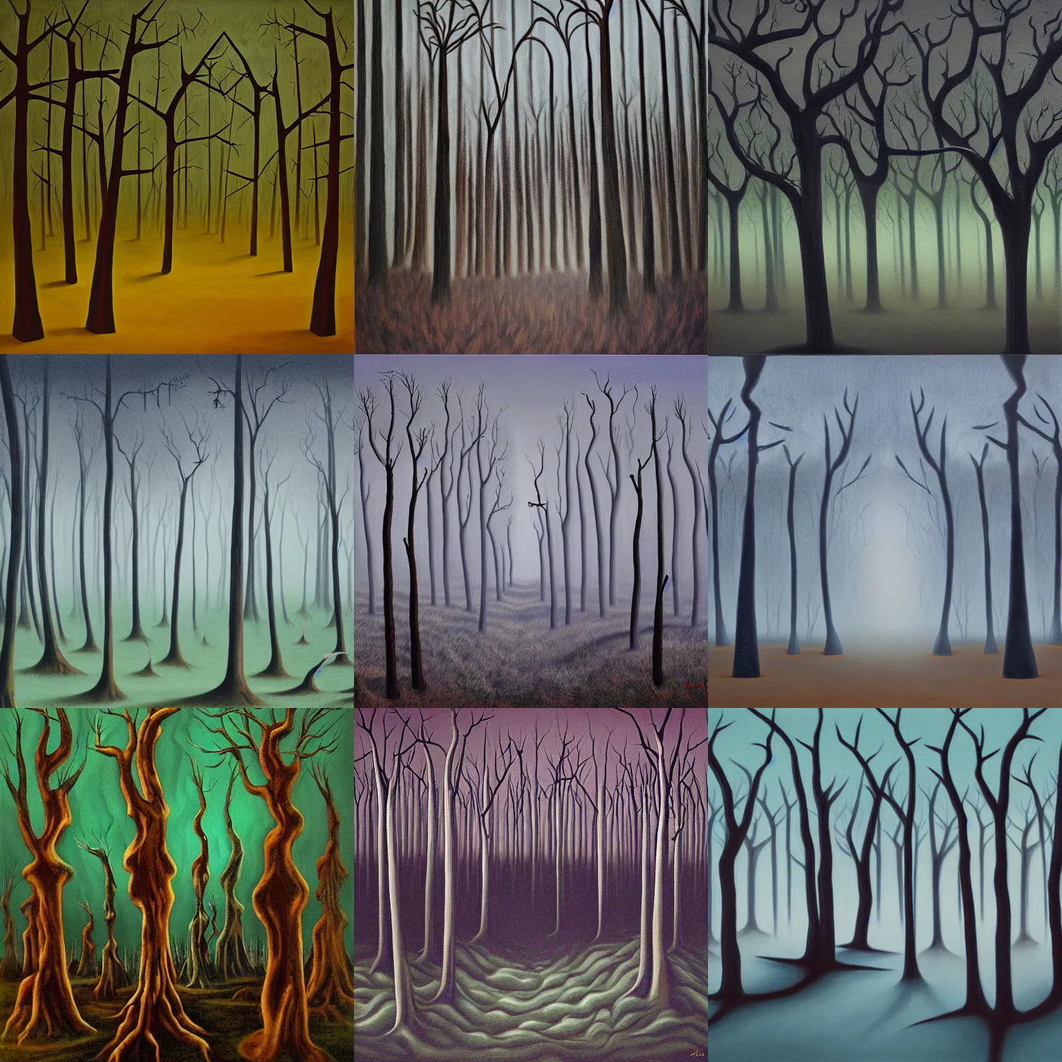Prompt: a surrealist painting of a spooky forest