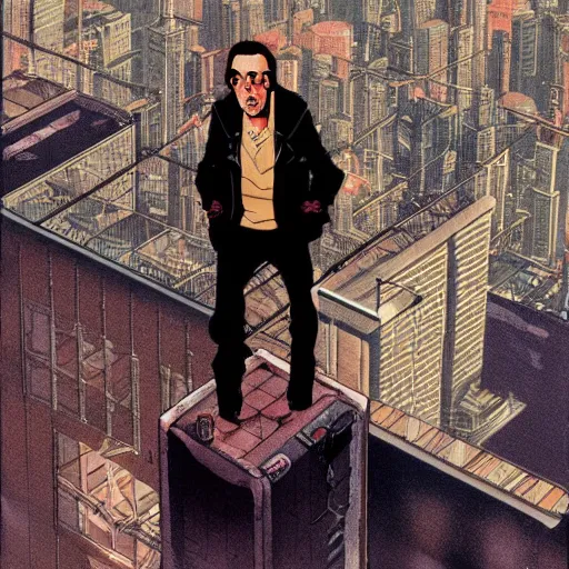 Image similar to Nic Cage sitting high atop the city on the edge of a building, cyberpunk, cel illustration, exquisitely detailed, Monkey Punch, Hayao Miyazaki, Kazuma Kaneko