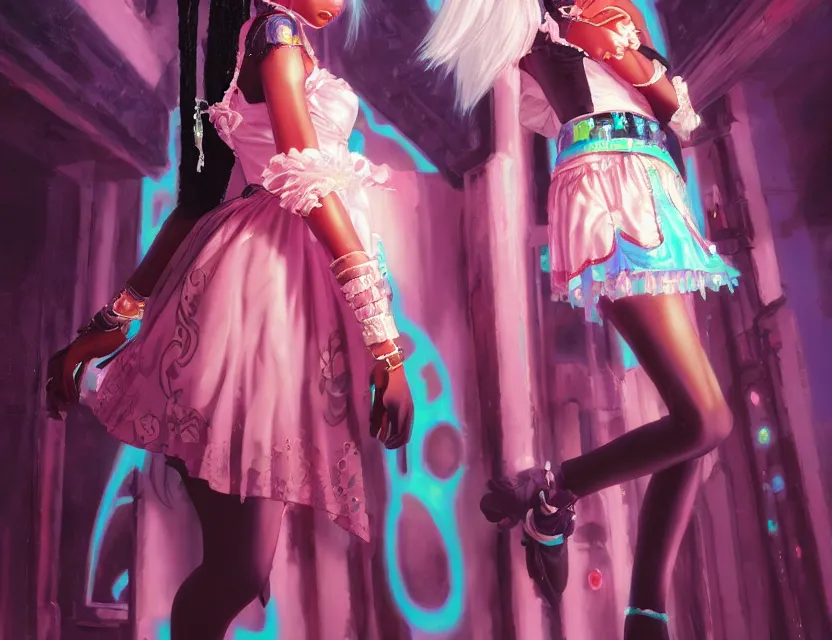 Prompt: black - skinned princess in a opal palace, wearing a lolita dress with cyberpunk elements. this oil painting by the award - winning mangaka has an interesting color scheme and impeccable lighting.