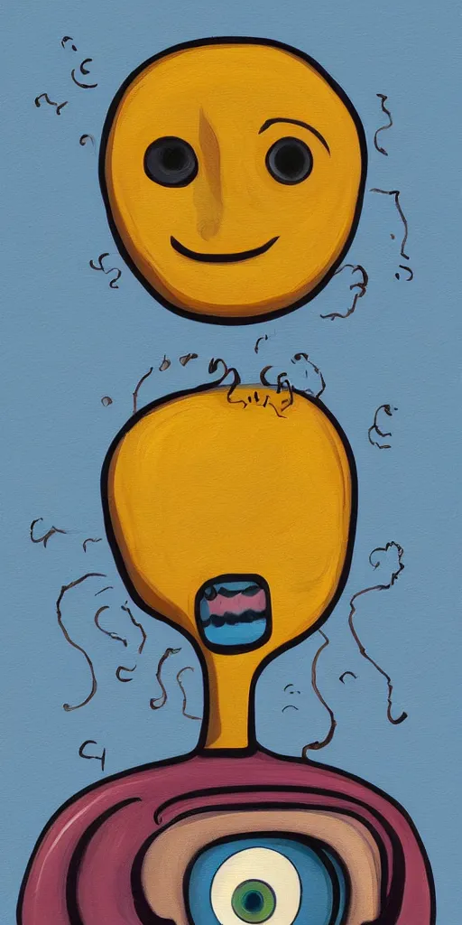 Image similar to surreal painting illustration of a humanized spoon with eyes and a smile