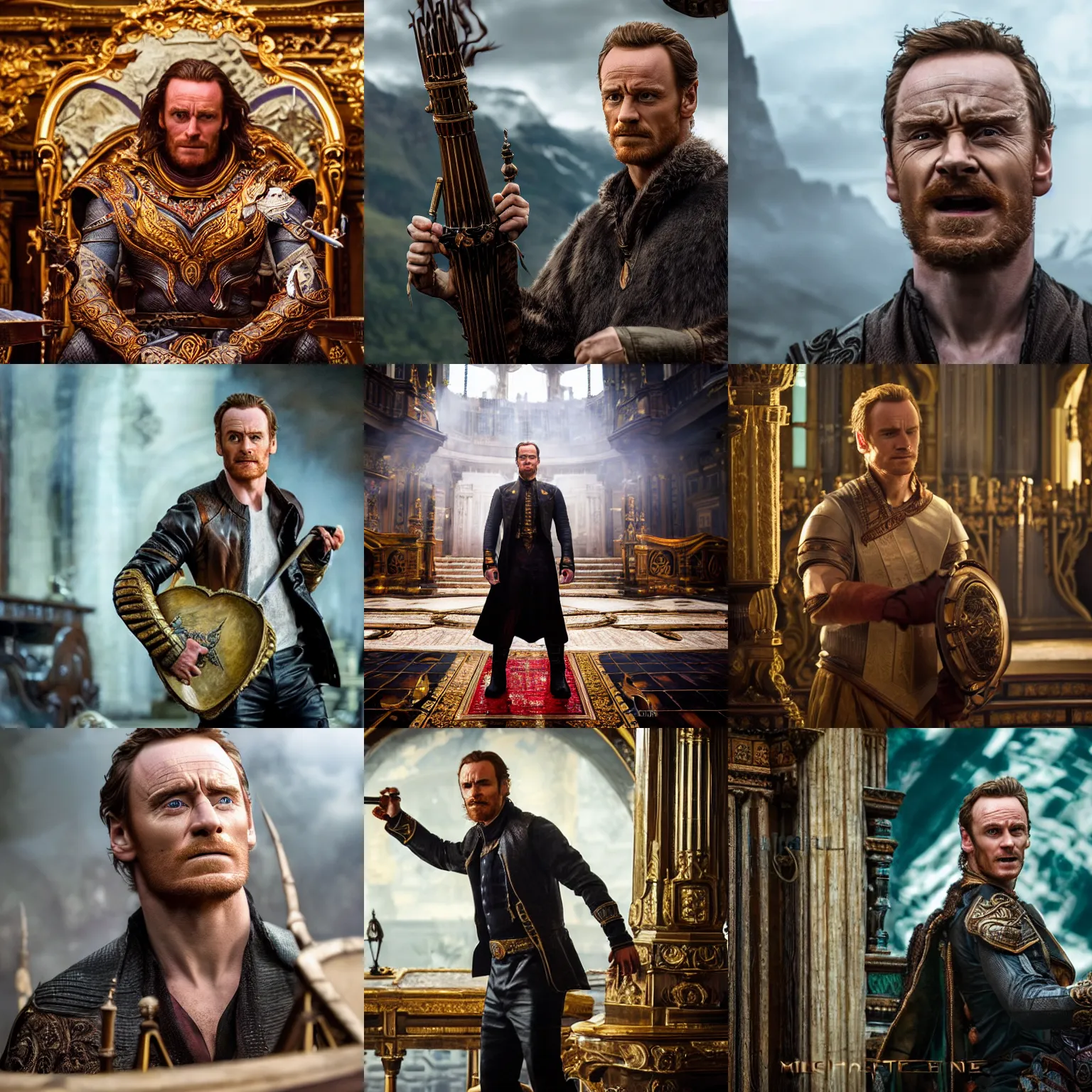 Prompt: hyper realistic photograph of Kwothe played by Michael Fassbender, 4k, Carl Zeiss, sigma, Tamron so 85mm, stunning arcanum backdrop, magic, ornate set design, cinematic, lute