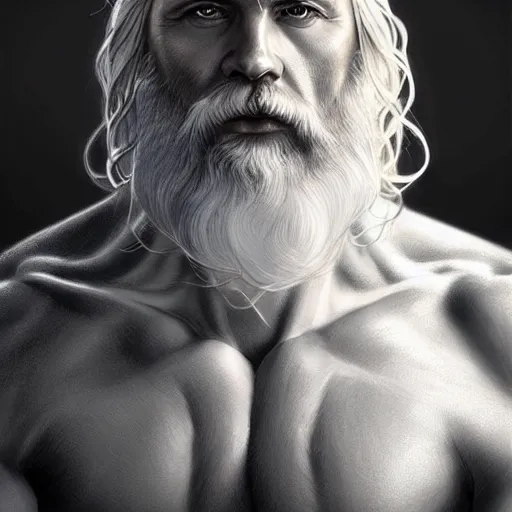 Prompt: portrait of rugged zeus, greek god, 4 0 years old, handsome, white hair, soft hair, upper body, muscular, hairy torso, fantasy, intricate, elegant, highly detailed, digital painting, artstation, concept art, smooth, sharp focus, illustration, art by artgerm and greg rutkowski and alphonse mucha