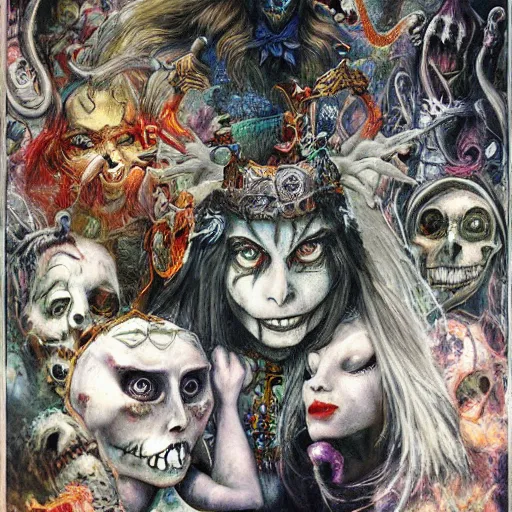 Prompt: princes of hell in alice in wonderland tripping on ayahuasca with faces in the background, intricate detail, painting, royo, frazetta, whealan,