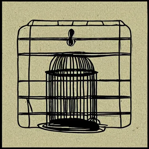 Image similar to cover art of a drawing of a bird in a cage, black and white
